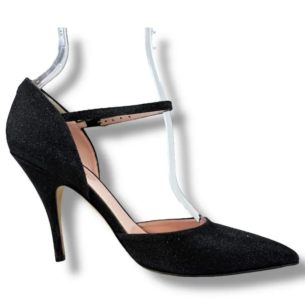 Kate Spade Black Shimmer Womens Pointed Toe D'Orsay Pumps Ankle Strap Heels Sz 7